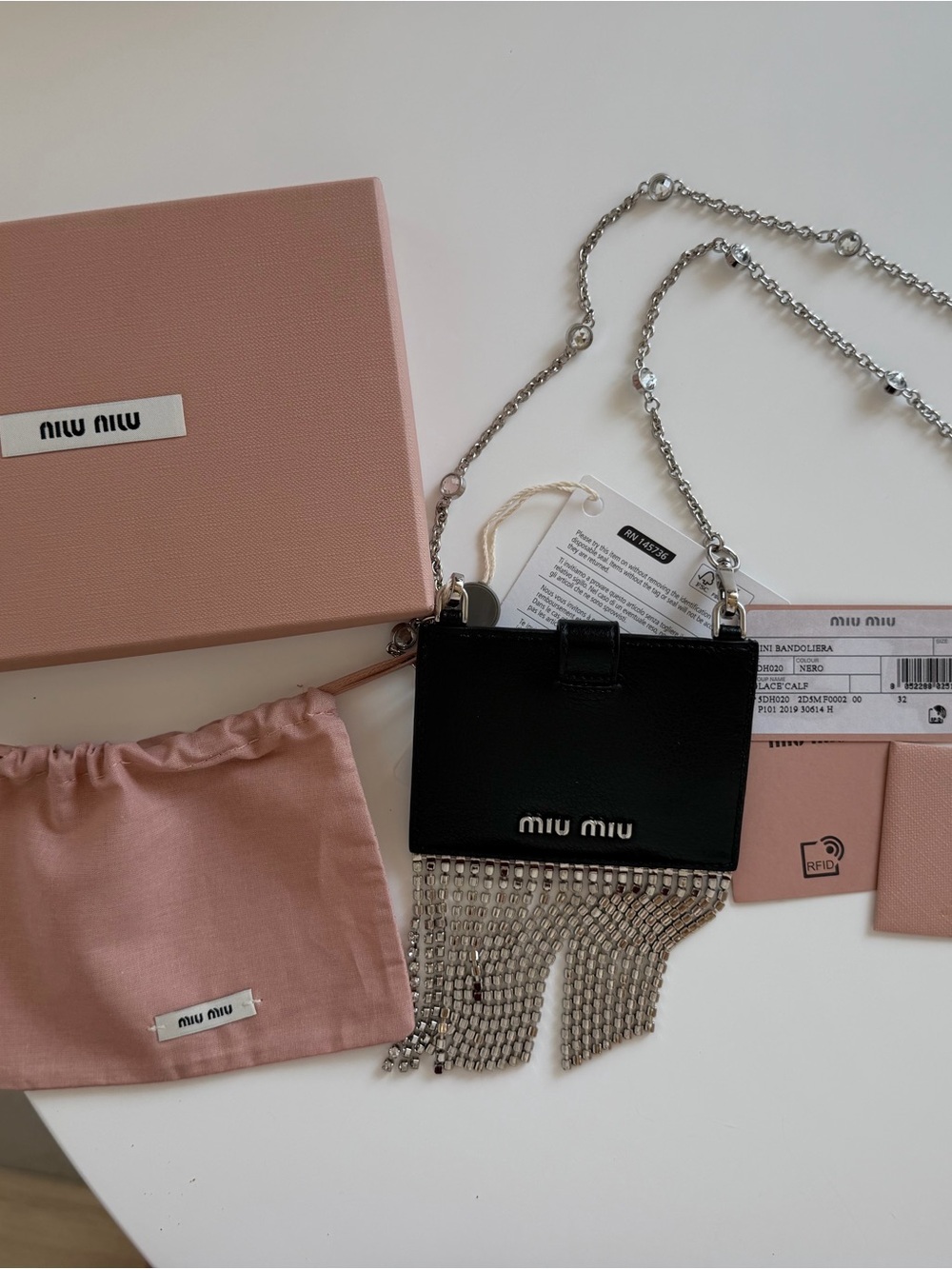 Miu Miu Black Leather Mini Cardholder Bag with Silver Rhinestone Fringe